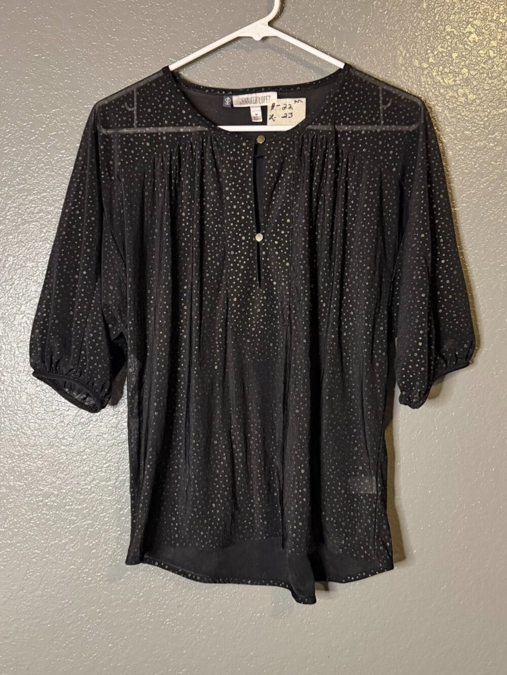 Jennifer Lopez Petite M Black Sheer Metallic Polka Dot Peasant Blouse Top